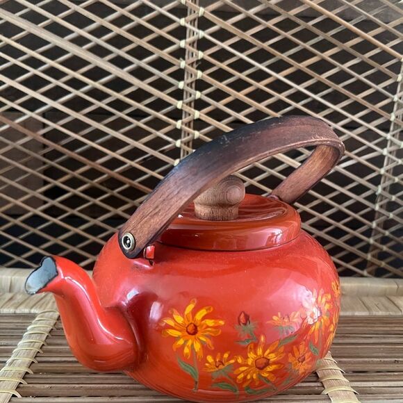 Vintage Enameled Tea Kettle Pot Japan Teak Handle Flower Power Floral AS IS - Picture 10 of 10